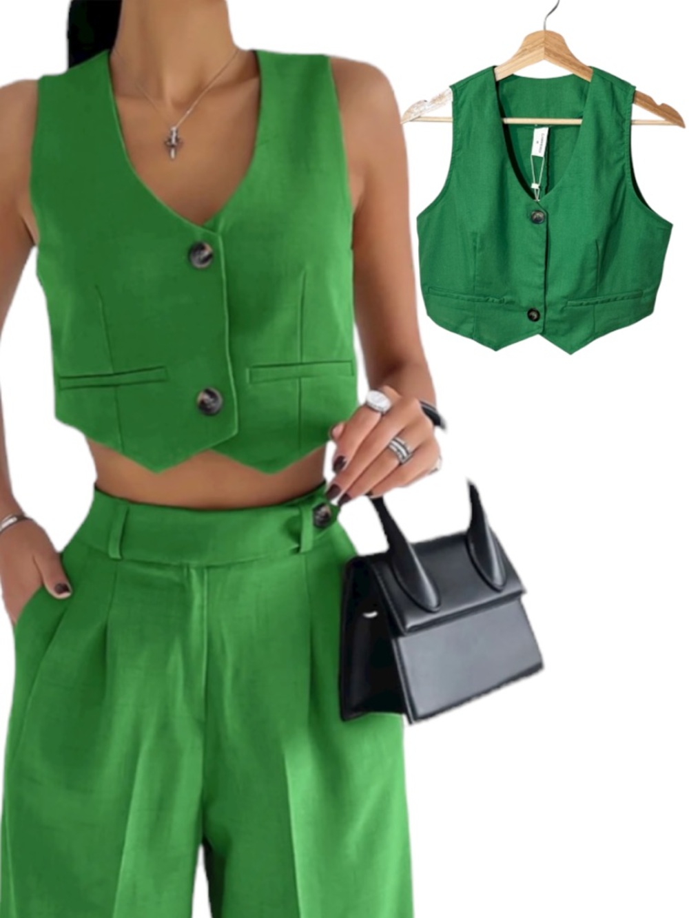 Commense Green Cropped Work to Street Vest Waistcoat Top Size Medium